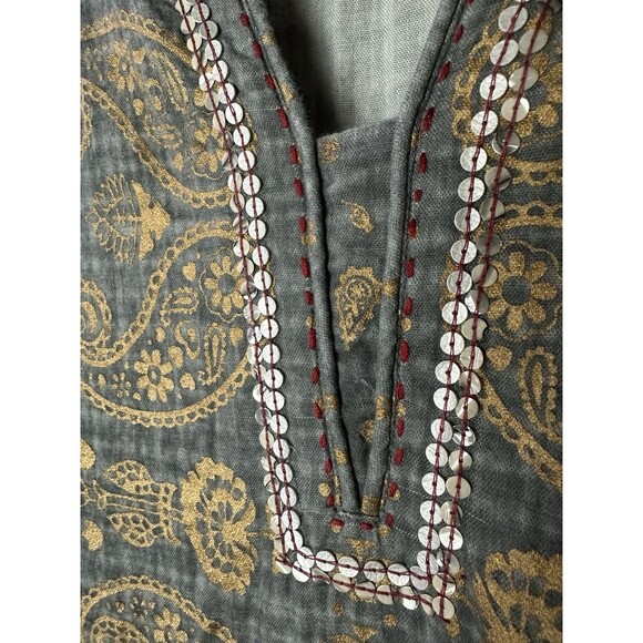 Soft Surroundings Katavi Tunic Top Grey Cotton Gauzy Gold Paisley Sequin Boho PL - Picture 3 of 10